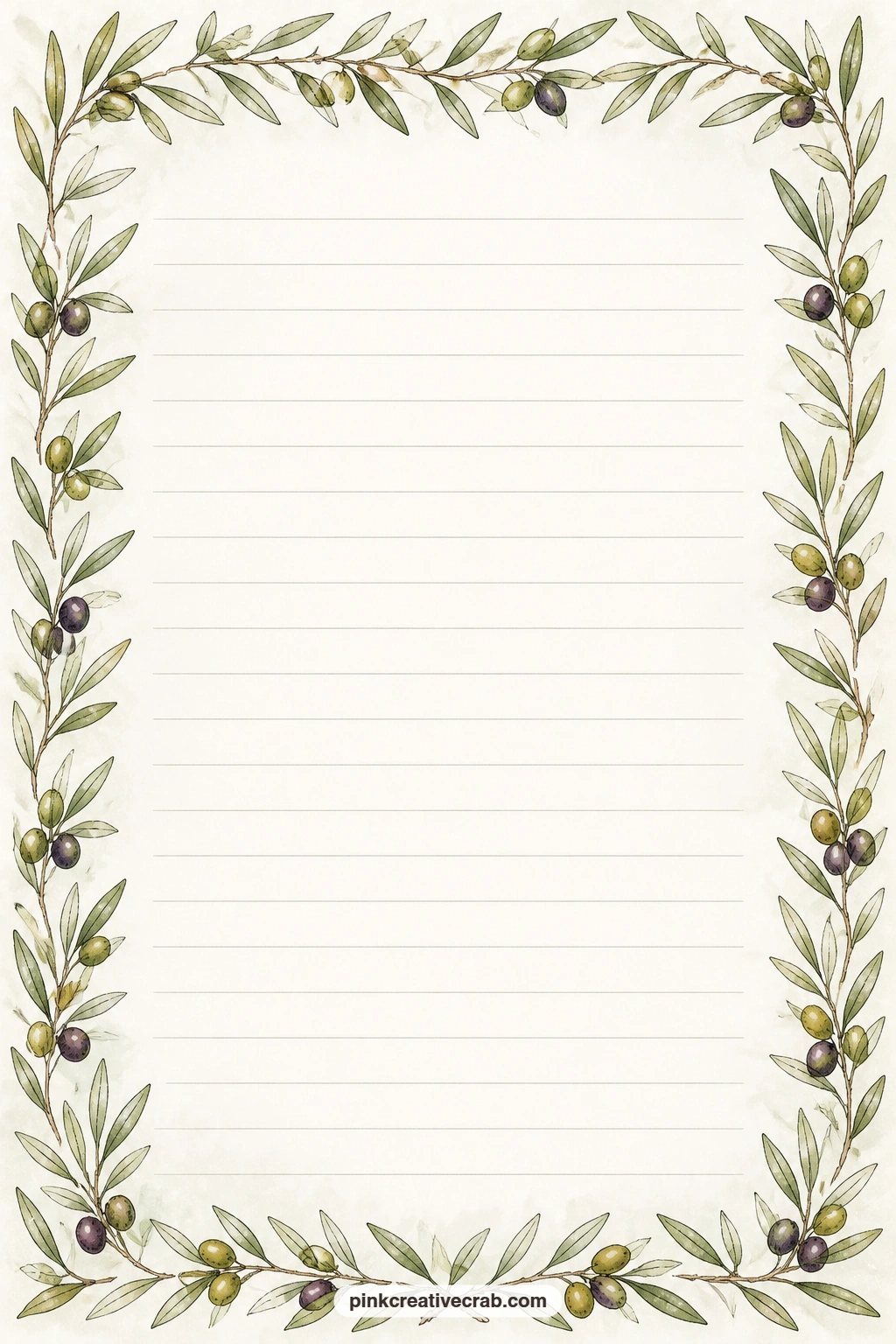 Olive Branch Border Lined Page printable page — Faint ruled lines sit inside a border of olive branches, ready for a grocery list from the market, a recipe for