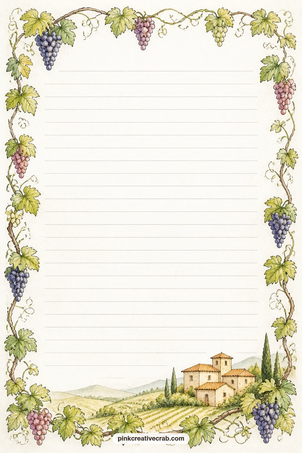 Tuscan Grapevine Frame Lined Page printable page — A frame of curling grapevines surrounds faint ruled lines, suited to a wine tasting note, a packing list for