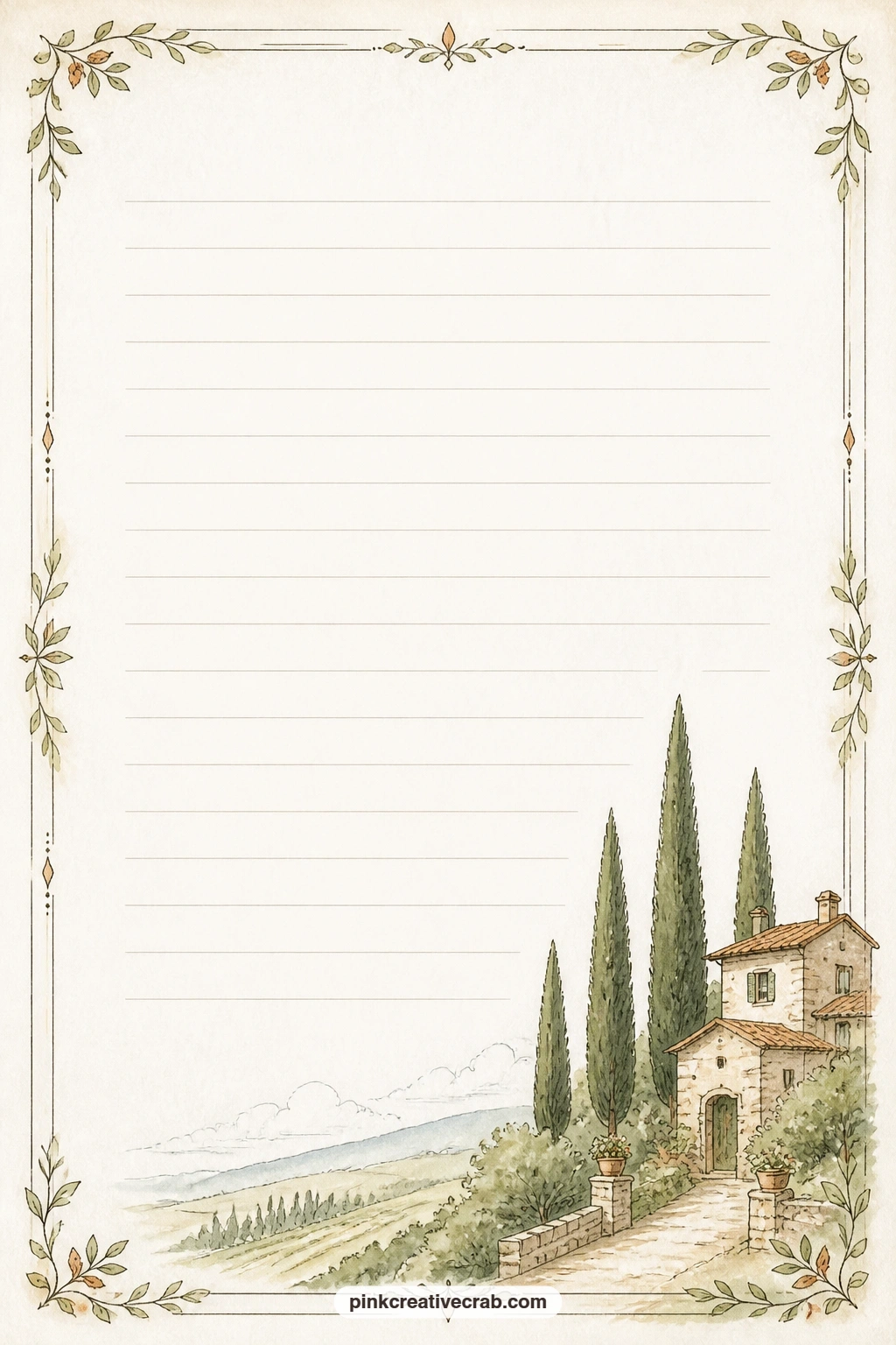 Cypress And Villa Corner Lined Page printable page — A small corner sketch of cypress trees and a stone villa anchors the page, leaving faint ruled lines open