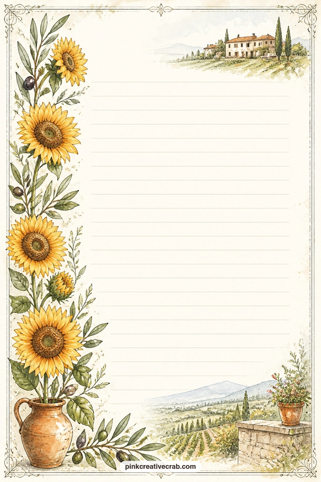 Tuscan Sunflower Garland Lined Page printable page — A garland of sunflowers runs along one side of the page, leaving faint ruled lines open for a summer