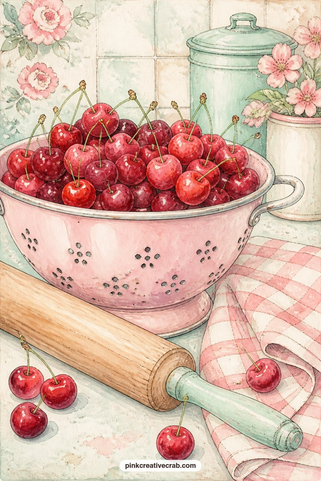 Cherries And Colander Still Life printable page — Pastel enamel holds a heap of cherries beside a rolling pin and a folded gingham towel, the kind of quiet
