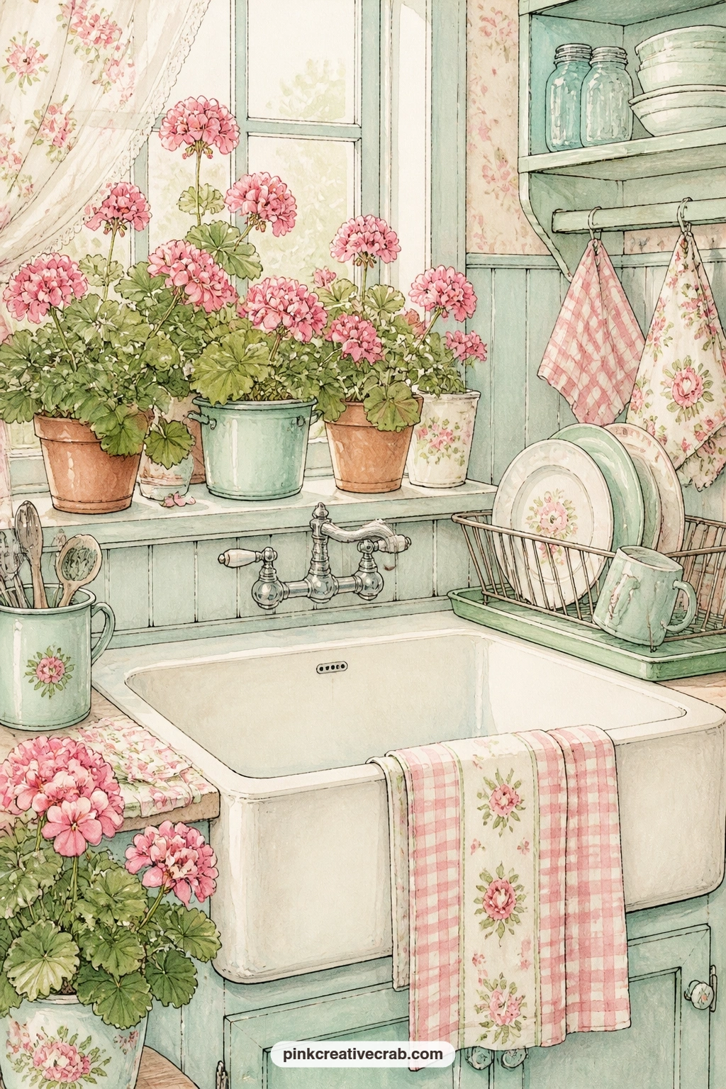 Sink Beneath The Geraniums printable page — Place this one opposite the gingham lined page later in the set, so the red geraniums in the window echo the