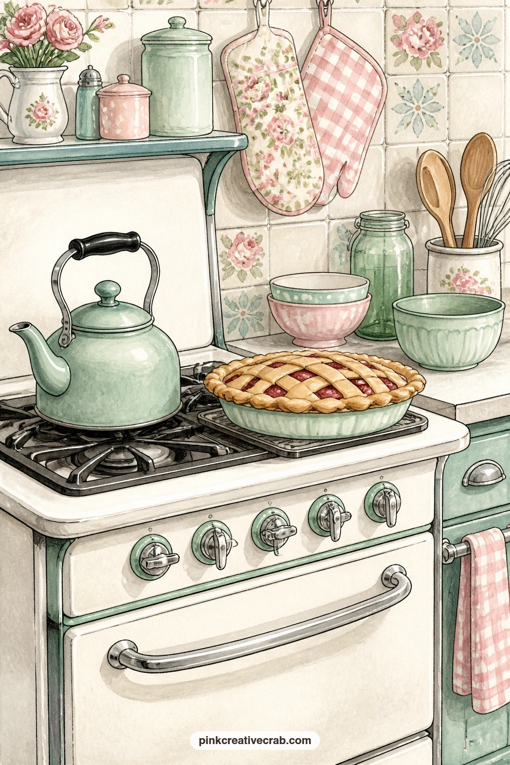 Stove With A Cooling Pie printable page — Tuck a real pie recipe card into a pocket glued beside this page, or copy one out by hand onto a scrap and tape just