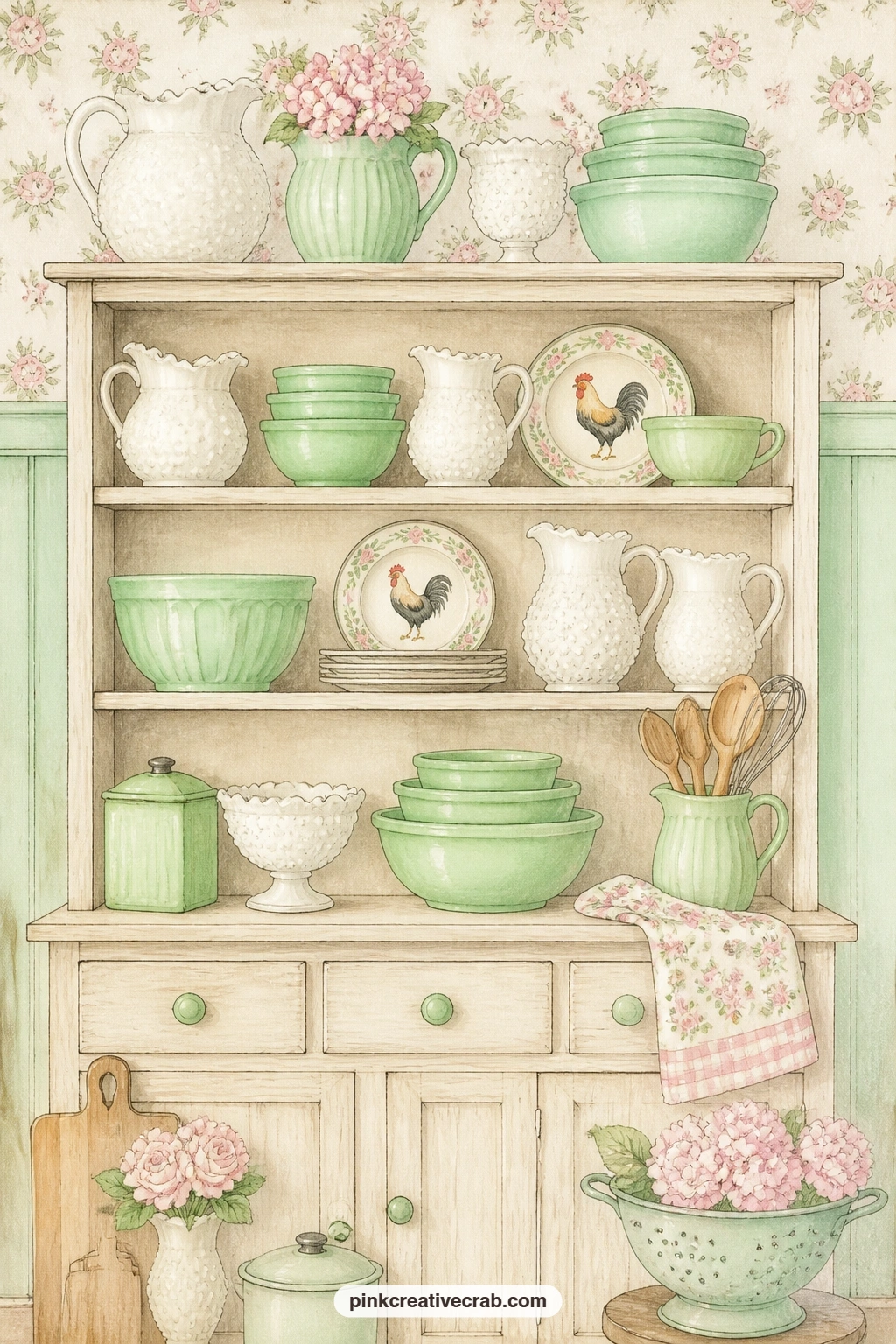 Hutch Of Milk Glass And Jadeite printable page — The usual mistake with a crowded hutch page is drawing every shelf the same height, which flattens the whole