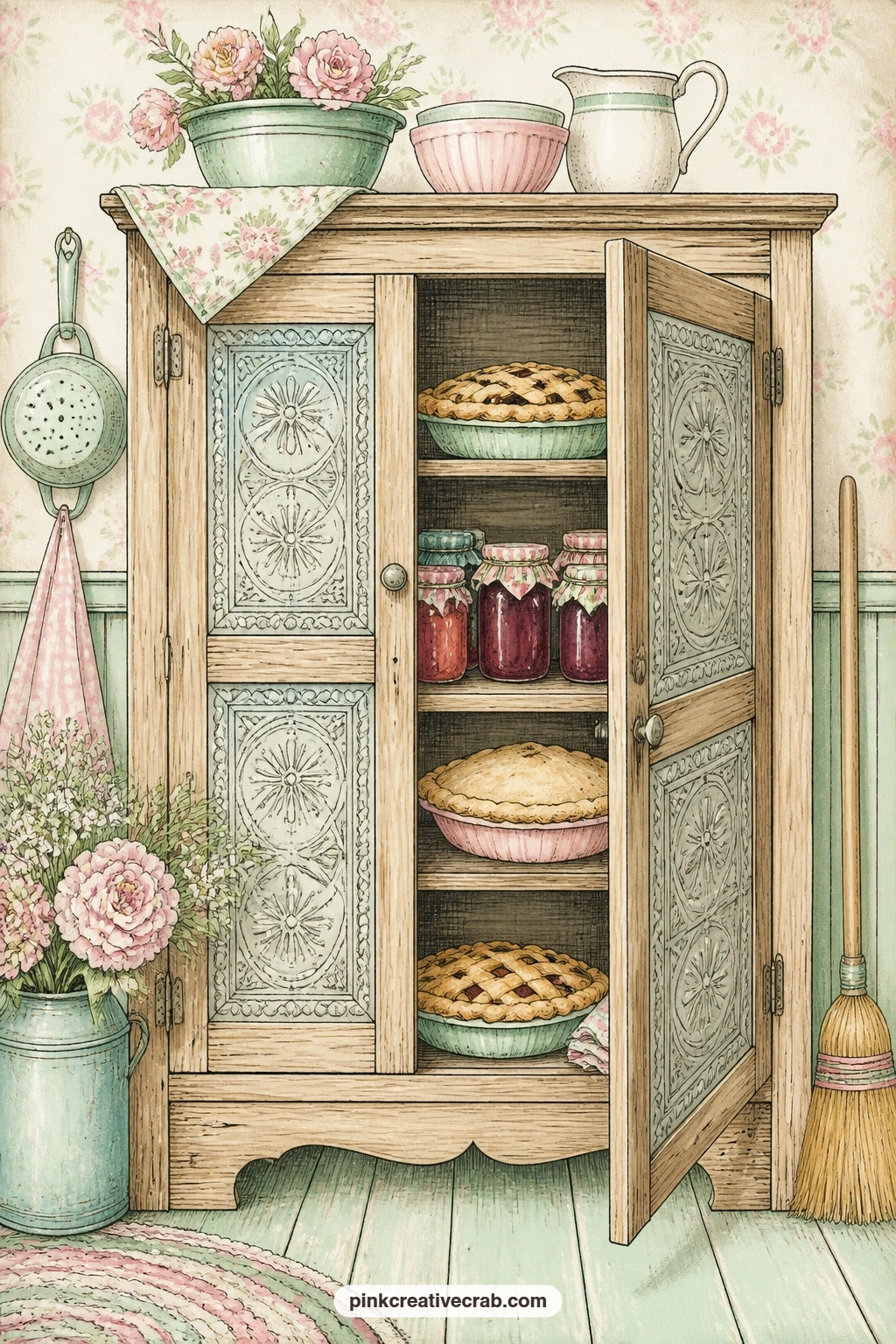 Pie Safe With Tin Doors printable page — Punched tin doors stand open on a pie safe stocked with pies and jars of jam, the kind of furniture piece that anchors