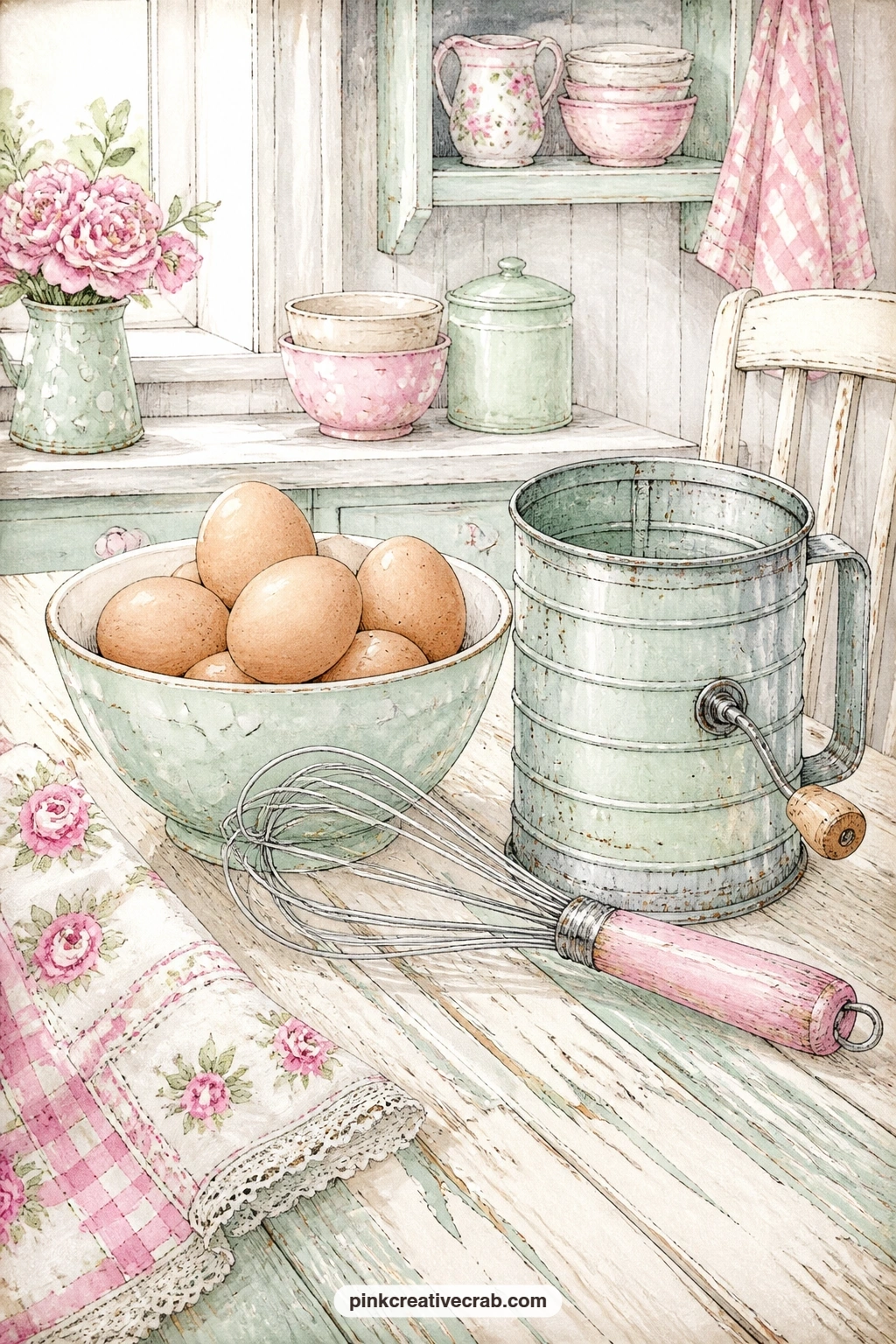 Table With Eggs And A Sifter printable page — Write the start of a morning routine across this page, a line or two about what gets baked first, since the bowl