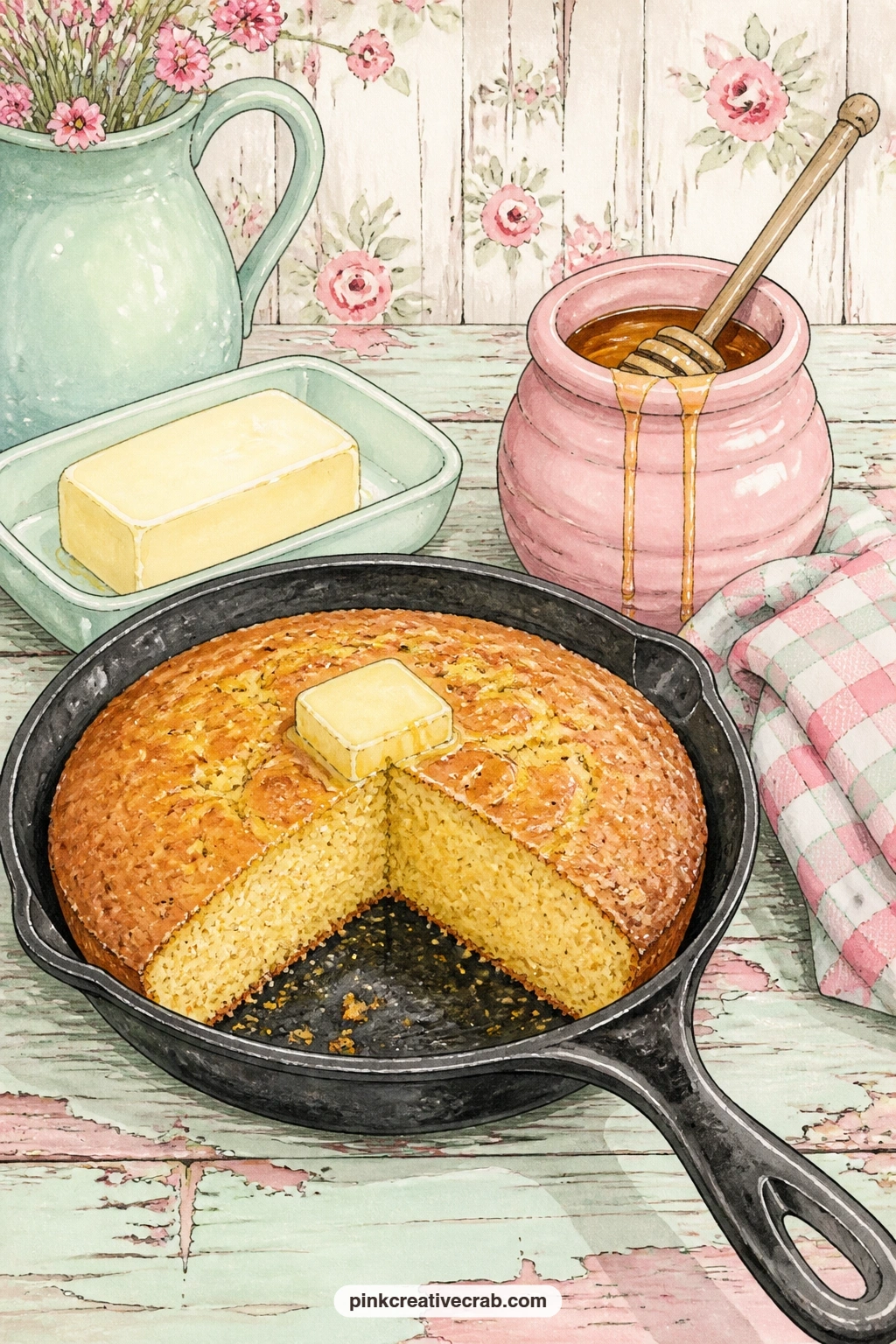 Skillet Of Cornbread And Honey printable page — A cast iron skillet holds a wedge of cornbread beside a pat of butter and a honey pot, set down on a painted
