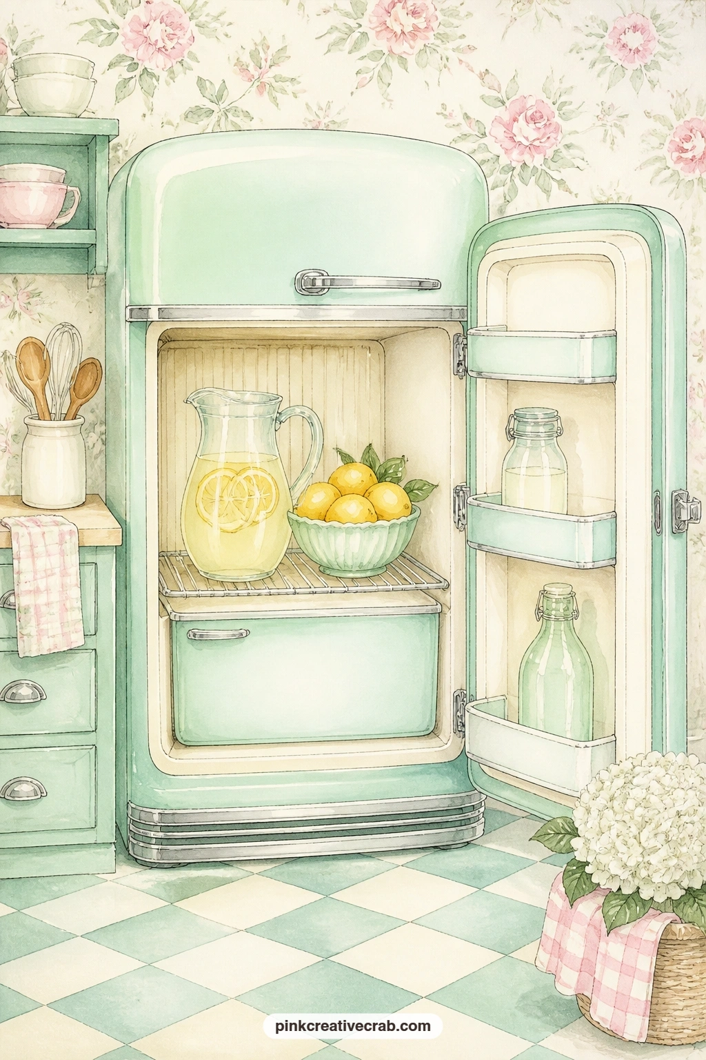 Mint Fridge With Lemonade printable page — Pair this page with the lemon tile background further on, letting the fridge door open onto a shelf painted in the
