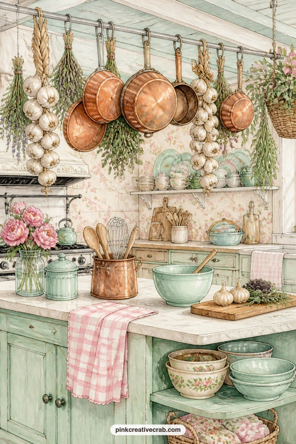 Copper Pots And Garlic Braids printable page — Copper pots hang over a kitchen island strung with herbs and plaited garlic braids, a corner that reads as busy
