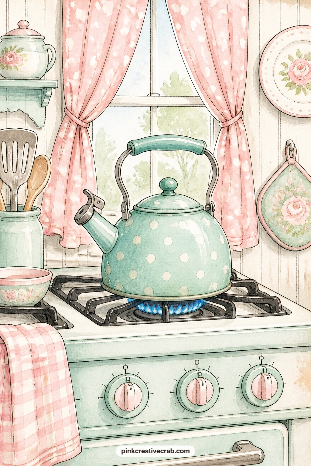 Kettle On The Gas Range printable page — A tea kettle sits on a gas range in front of polka dot curtains, a small steady scene that fills a corner of the