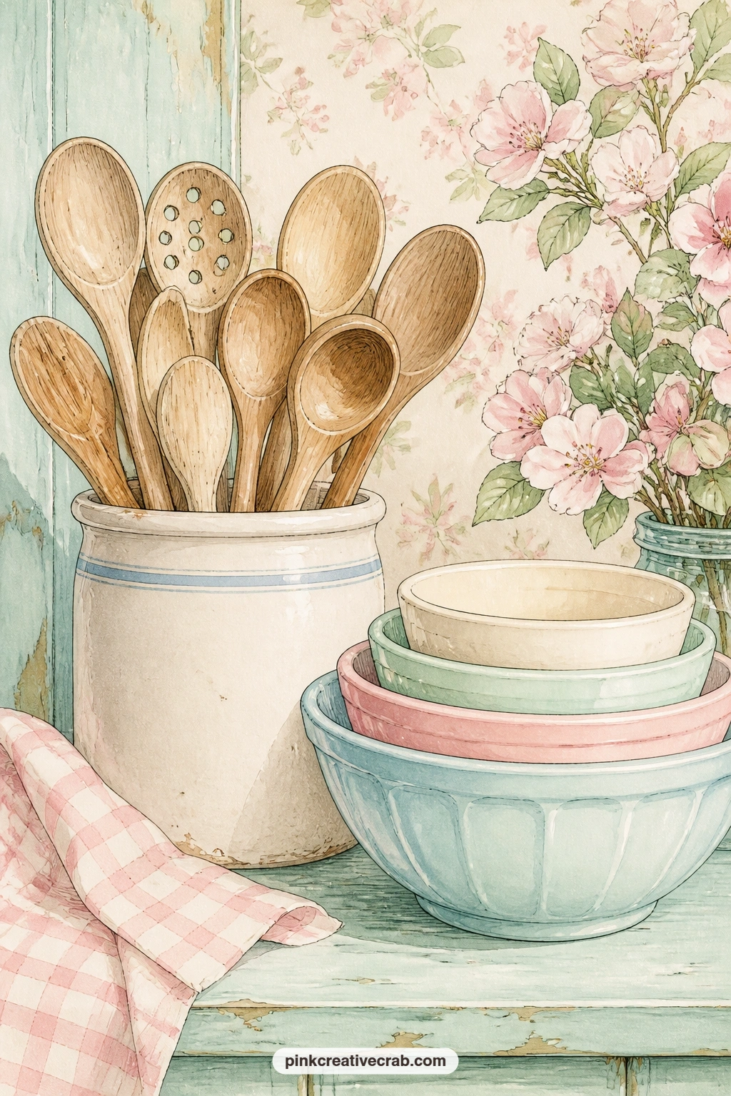 Wooden Spoons In A Crock printable page — Wooden spoons crowd a crock beside a nested set of mixing bowls, a plain little still life that works well as a