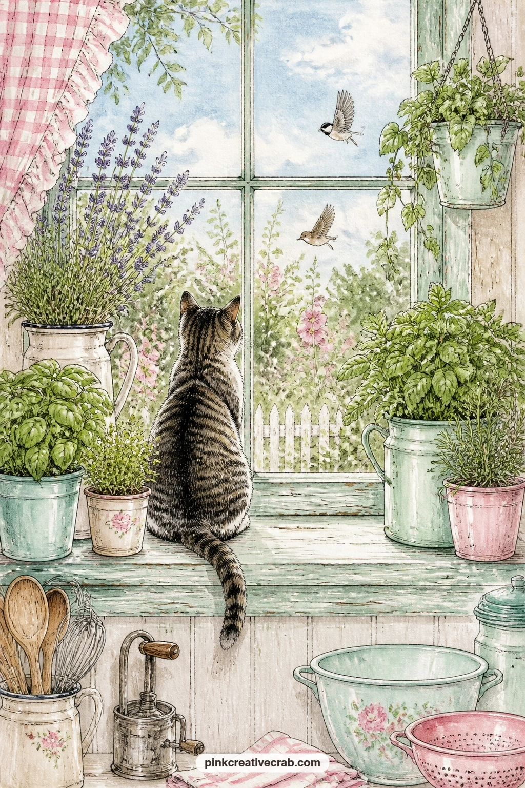 Window With Herbs And A Cat printable page — Ask a short question on this one: what grows on your own windowsill, or what would you plant if you had the space