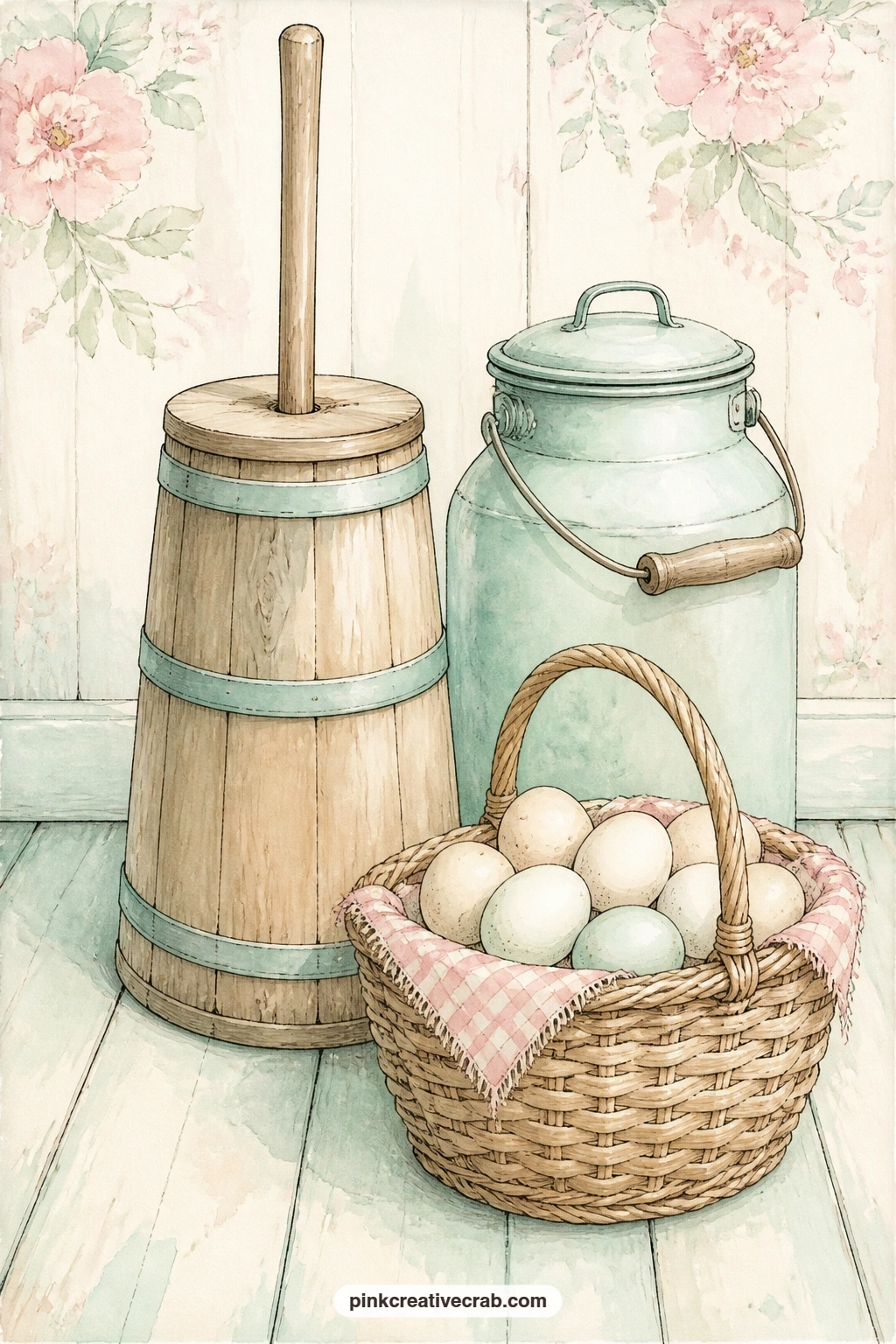 Butter Churn And Egg Basket printable page — A butter churn stands beside a milk can and a basket of eggs set on a farmhouse floor, a plain working corner of