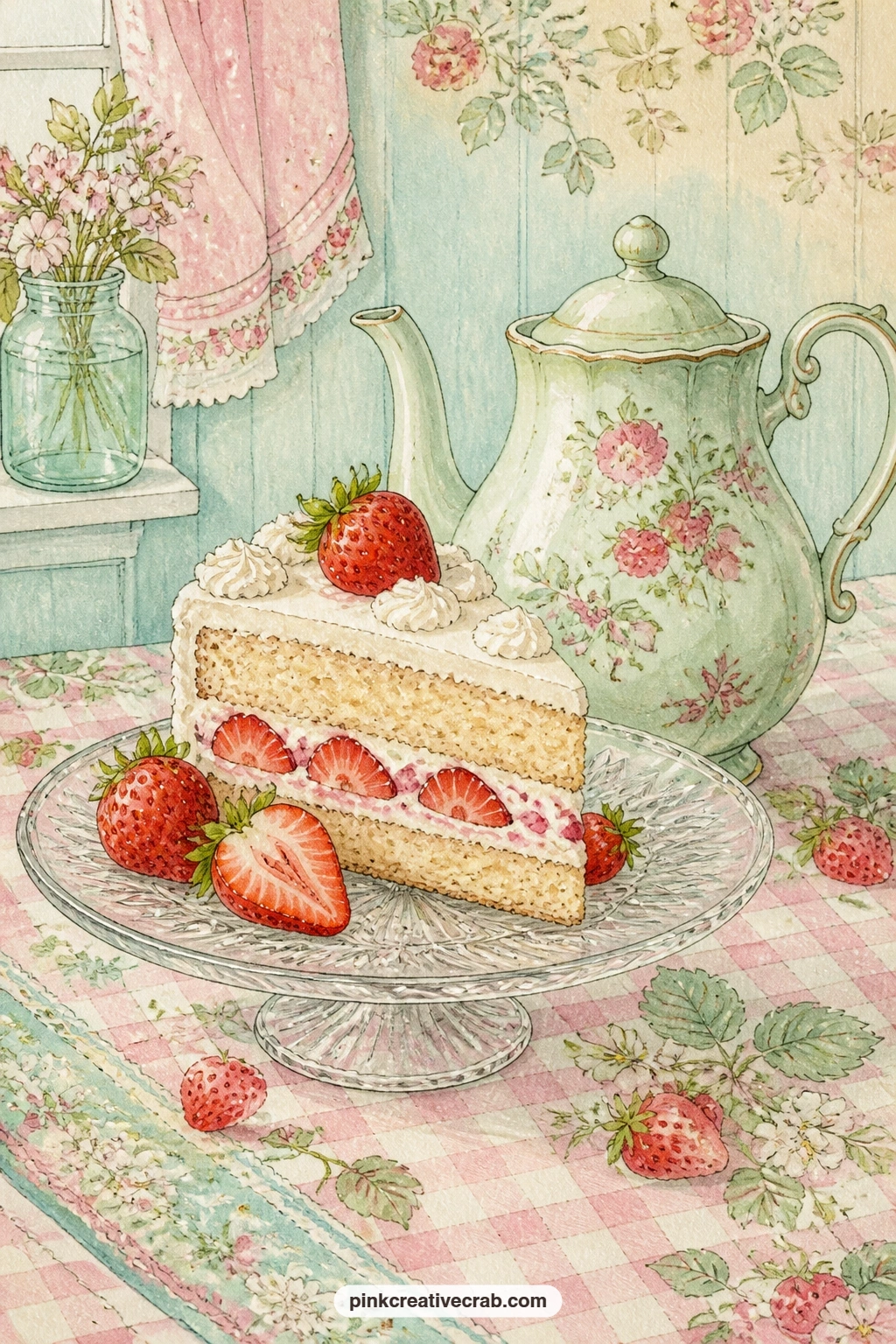 Strawberry Shortcake And Teapot printable page — A pressed glass cake plate holds a slice of strawberry shortcake beside a teapot, set for a small afternoon