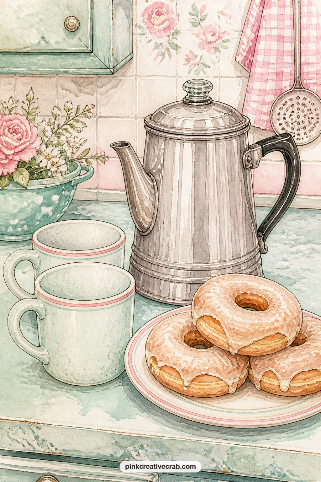 Percolator And Diner Donuts printable page — List the names of everyone who used to gather for coffee and donuts on a scrap glued beneath this page, since a