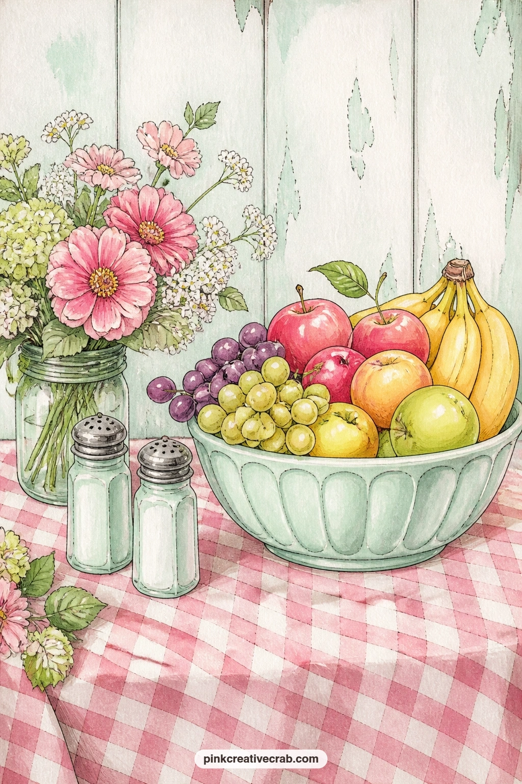 Checkered Cloth Fruit Bowl printable page — A checkered tablecloth holds a bowl of fruit, a pair of salt shakers and a small vase, a simple table setting that