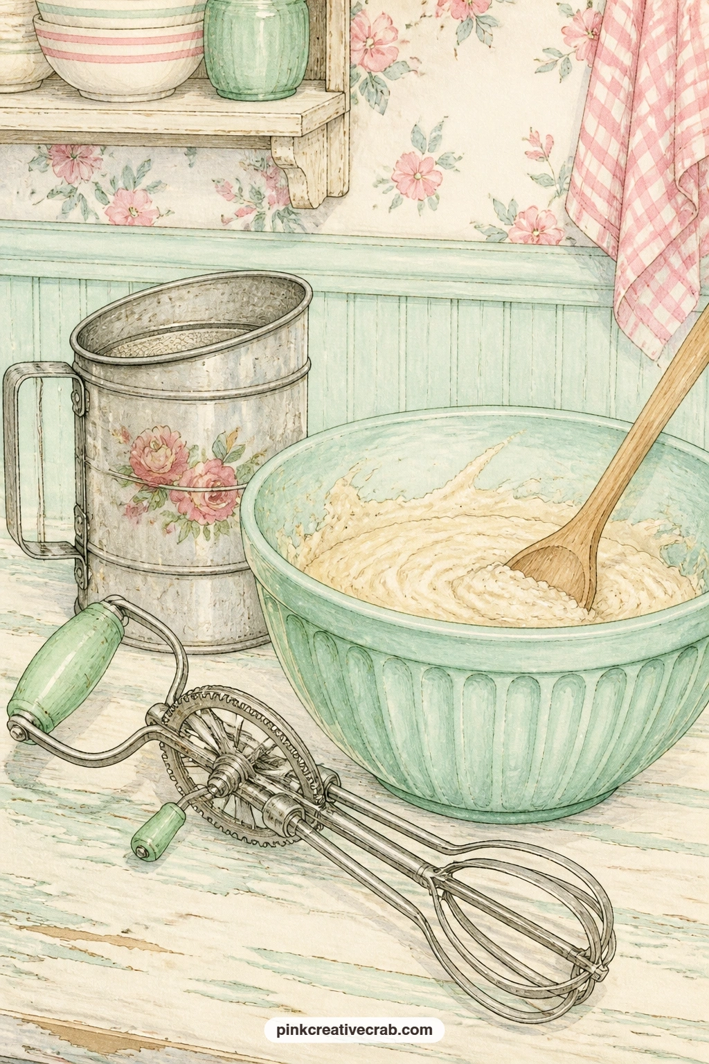 Egg Beater And Batter Bowl printable page — Fold one corner of this page up and glue it down flat, leaving a small triangle pocket behind the mixing bowl just