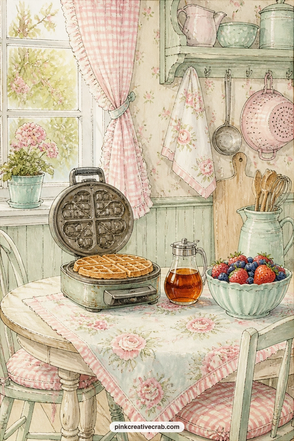 Breakfast Nook With Waffle Iron printable page — A breakfast nook holds a waffle iron, a syrup jug and a bowl of berries, the sort of morning page that pairs