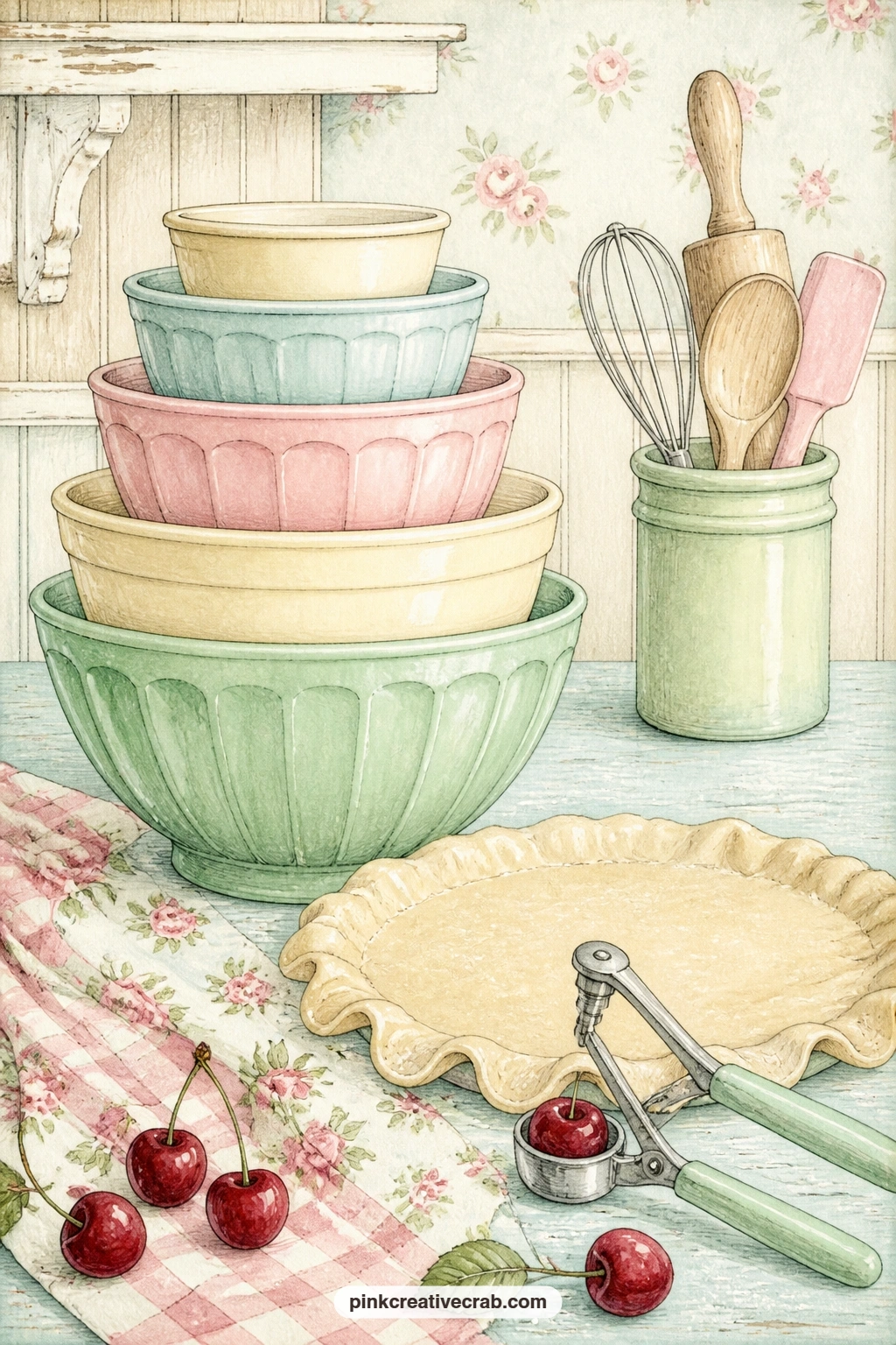 Stacked Bowls And A Cherry Pitter printable page — Stacked pastel mixing bowls stand beside a rolled pie crust and a cherry pitter, closing out the scene pages