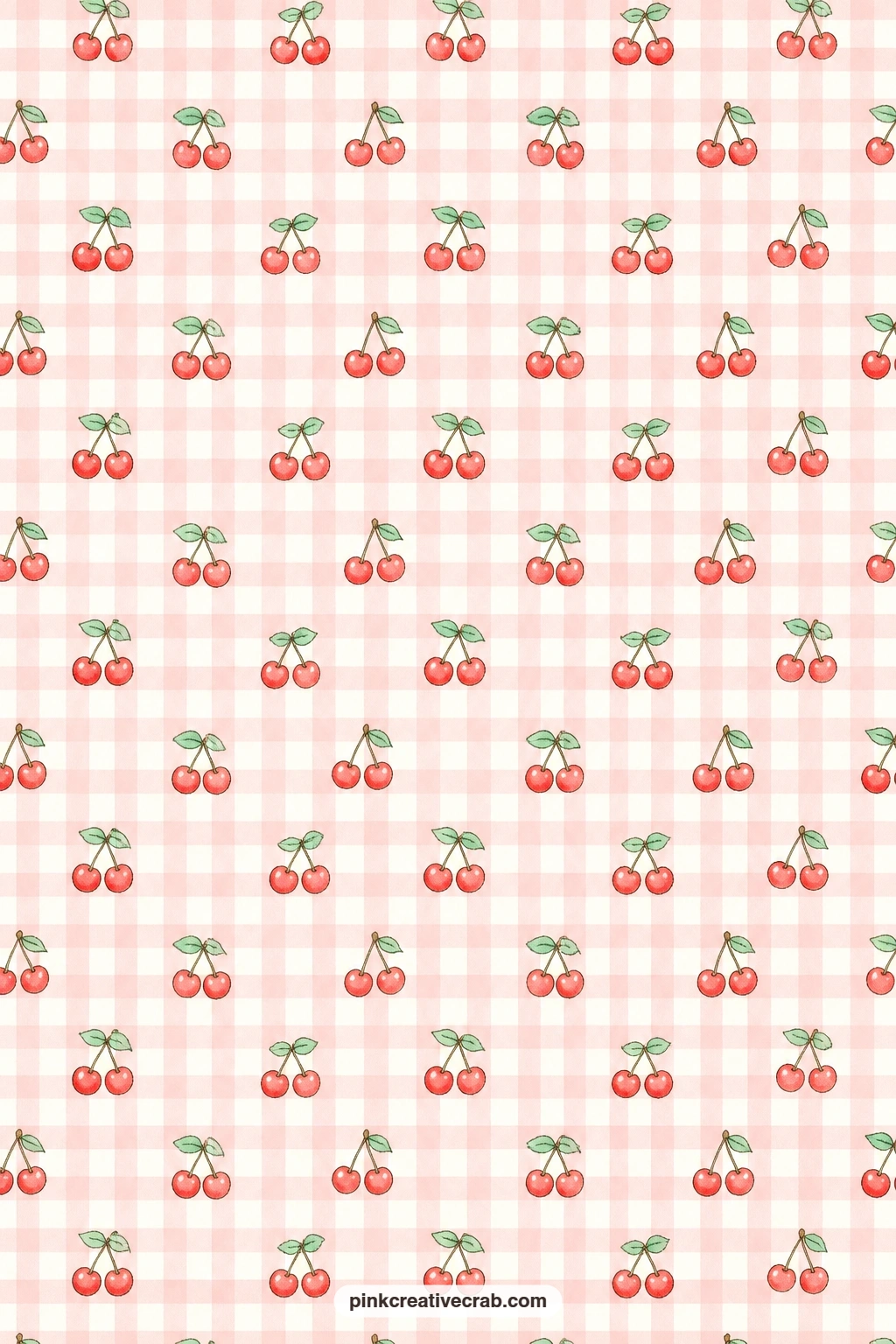 Retro Cherries Gingham Pattern printable page — Small cherries scatter across a gingham check in this all-over pattern, suited to lining a pocket, backing a