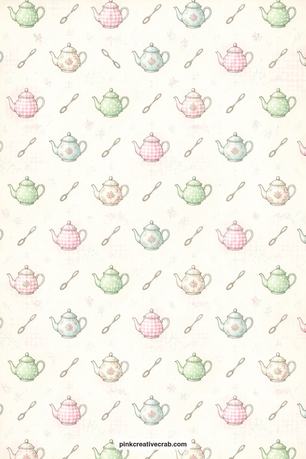 Tiny Teapots And Spoons Pattern printable page — Rows of tiny teapots and spoons repeat across this page, a good lining for a tea themed pocket, a cover sheet