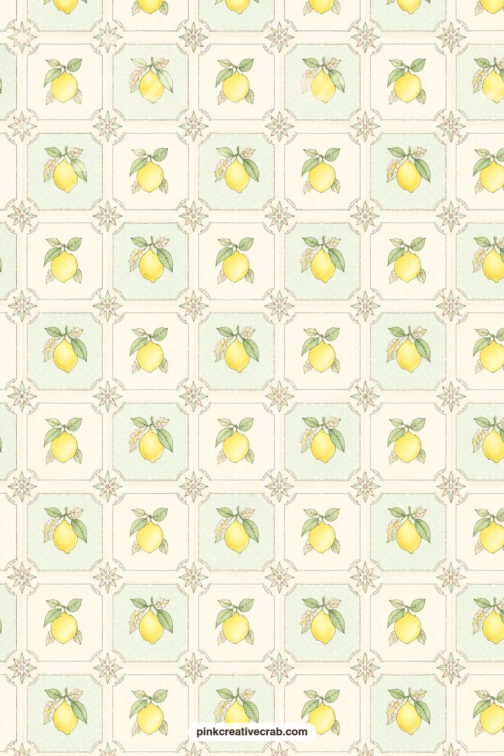 Lemon Kitchen Tile Pattern printable page — Lemons sit inside a tile shaped grid across this background, a cheerful option for the inside of a pocket, a cover