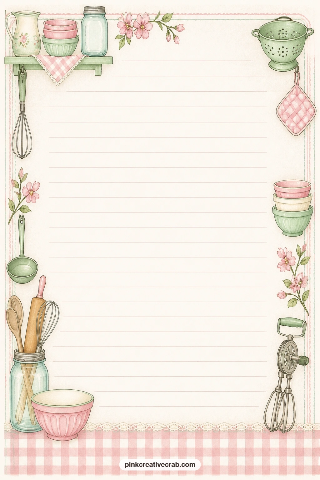 Gingham Border Lined Page printable page — A gingham band runs along the bottom edge while faint ruled lines fill the middle, ready for a gift list, a shopping