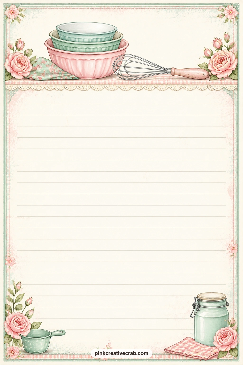 Mixing Bowl Header Lined Page printable page — A small row of mixing bowls and a whisk sits across the top as a header, leaving the ruled lines below free for