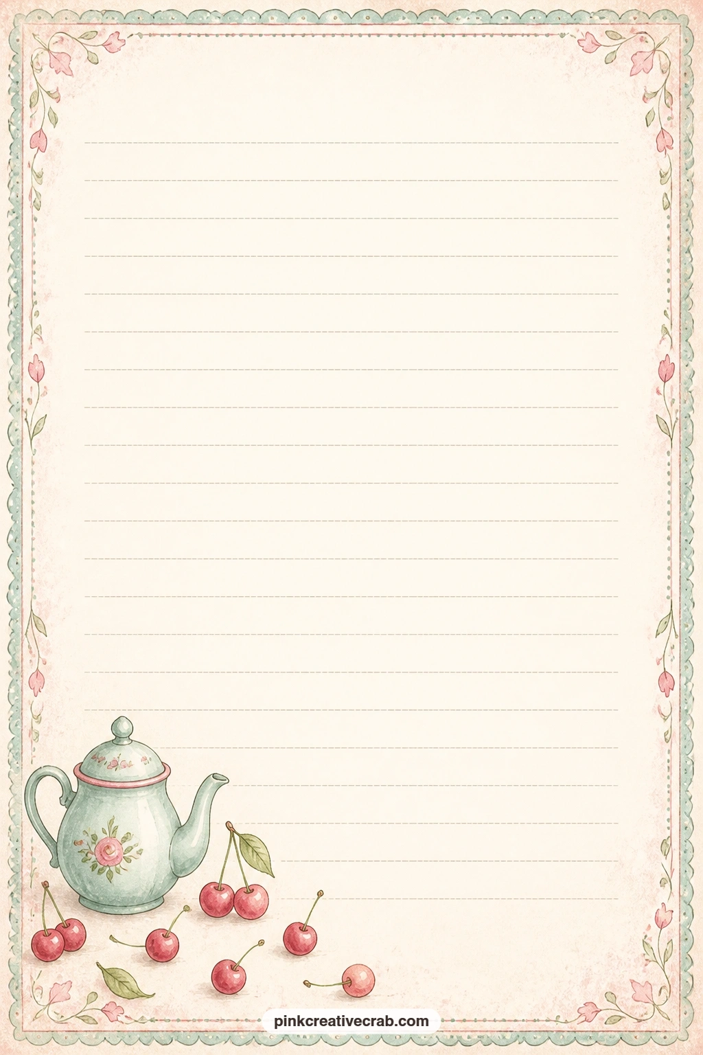 Teapot Cherry Corner Lined Page printable page — A teapot and a scatter of cherries fill one corner while the rest of the page stays open and lined, suited to