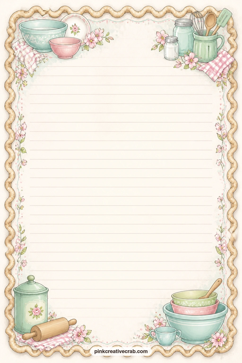 Pie Crust Scalloped Edge Lined Page printable page — A scalloped border styled after a pie crust runs around the page, with ruled lines inside for a pie