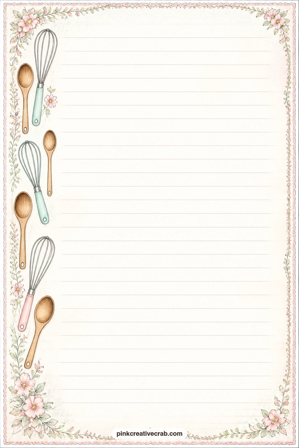 Kitchen Utensils Side Border Lined Page printable page — Small wooden spoons and whisks run down one side of the page as a border, leaving the lined space open