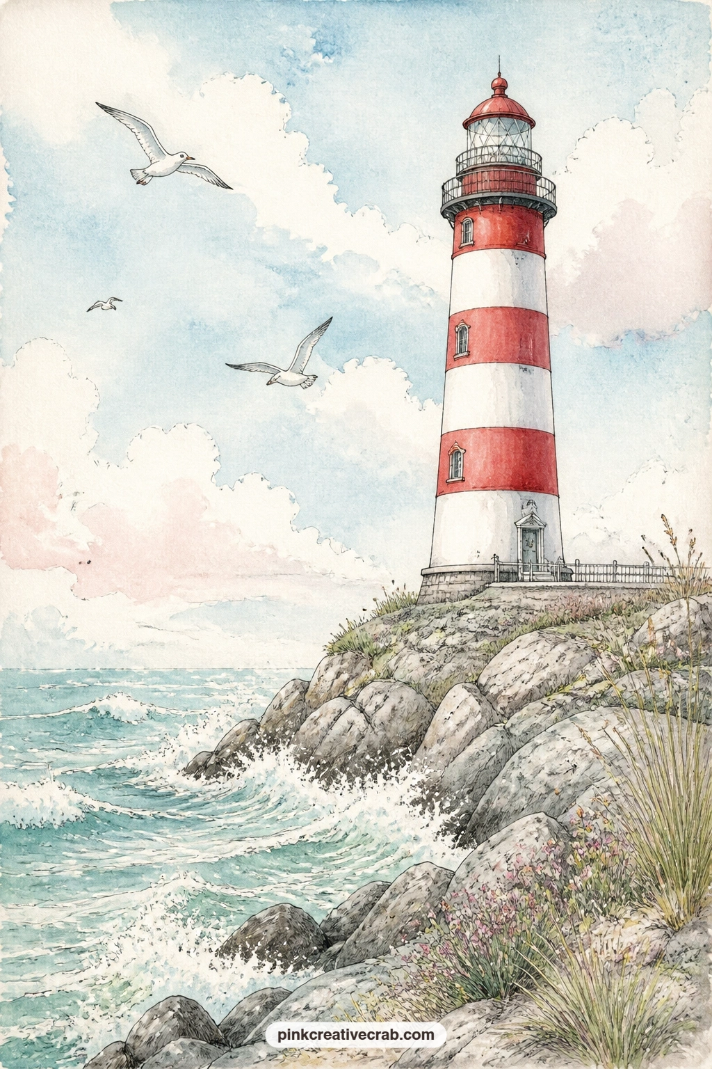 Red Lighthouse on Rocky Point printable page — Waves break against the rocks below a red and white tower standing watch over the open water on this page.