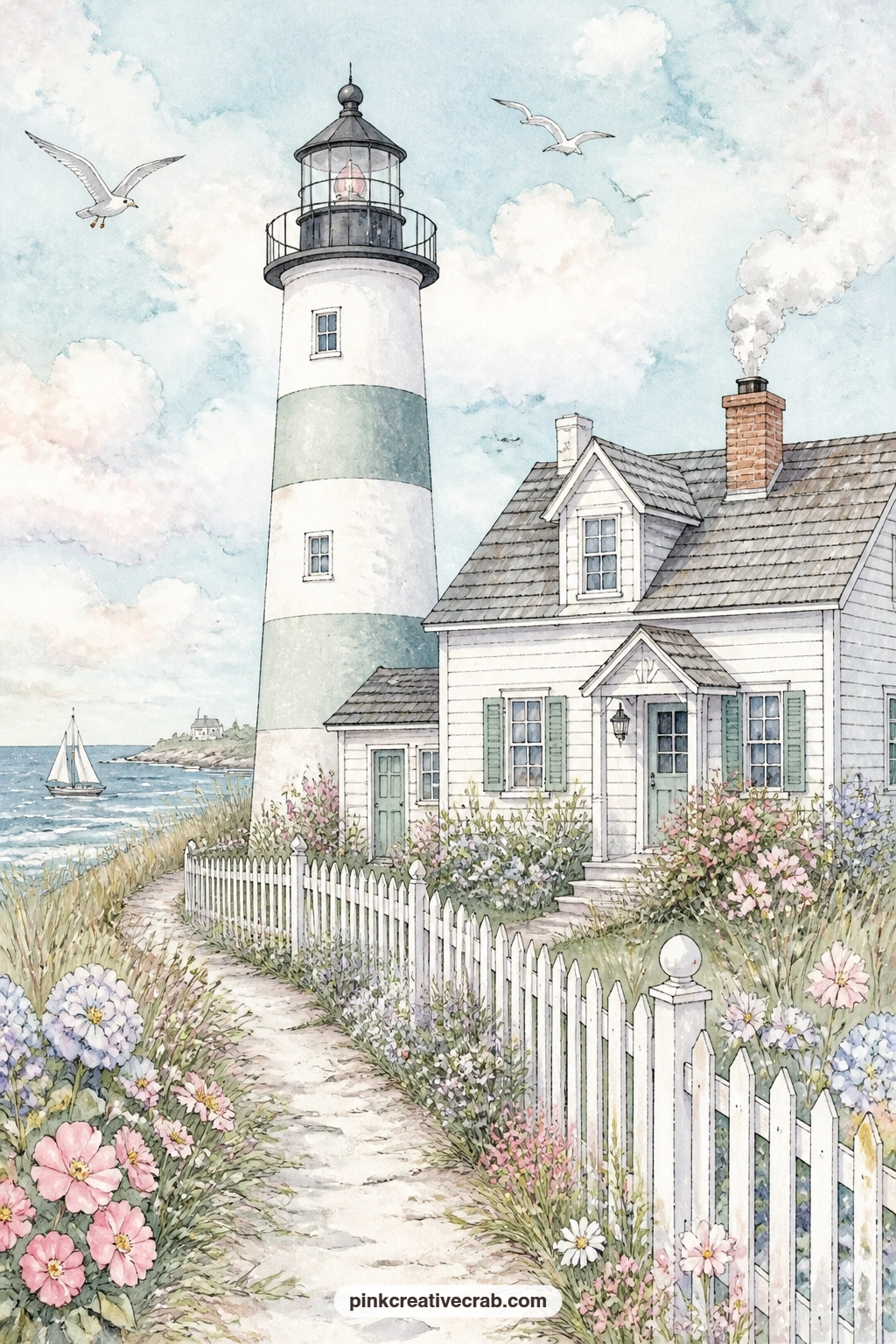 Keeper Cottage With Picket Fence printable page — Pair this one with the rocky coast background paper later in the set: trim a strip of it to run along the