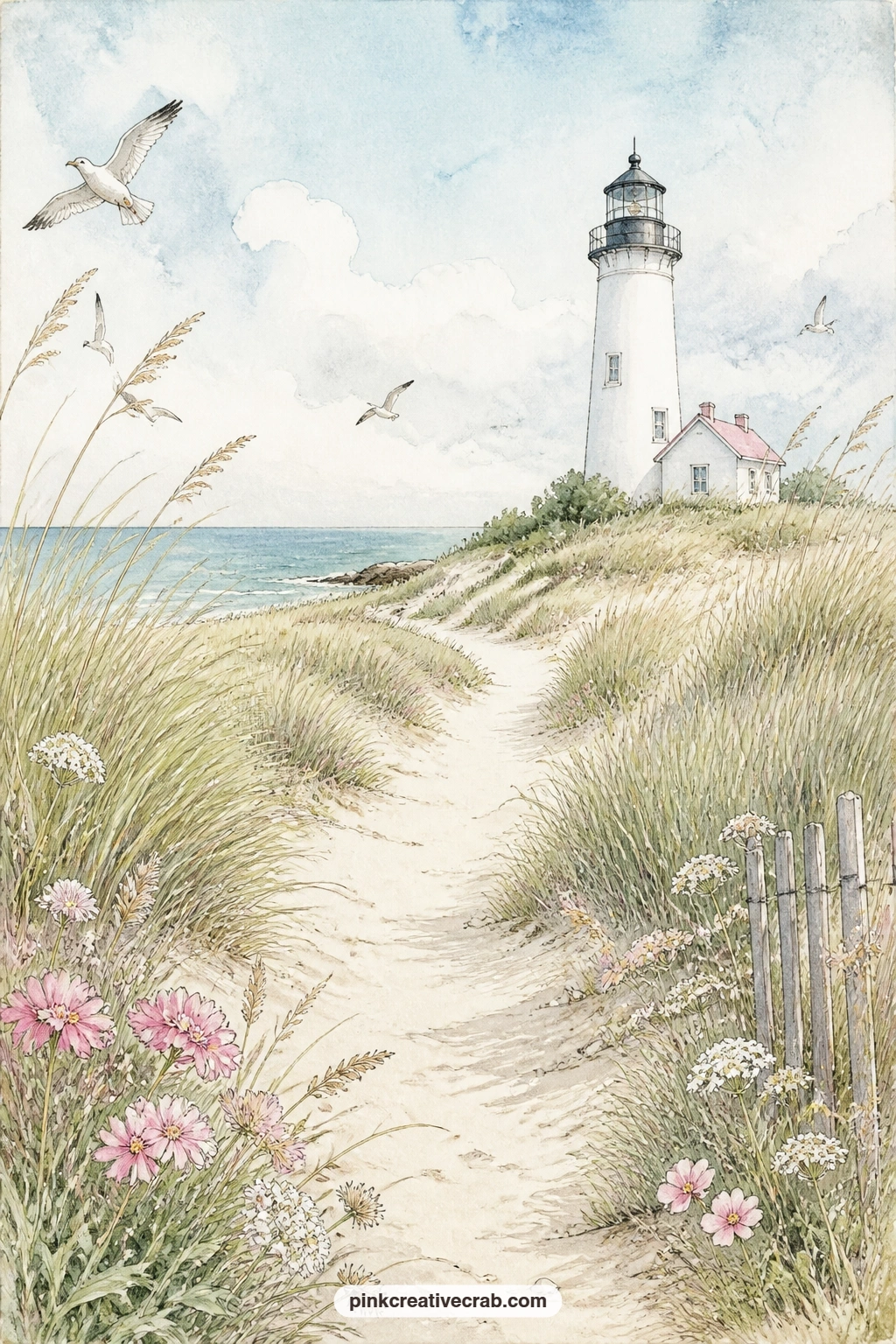 Dune Path to White Lighthouse printable page — A sandy path winds through tall dune grass toward a white lighthouse standing at the far end, with low clouds