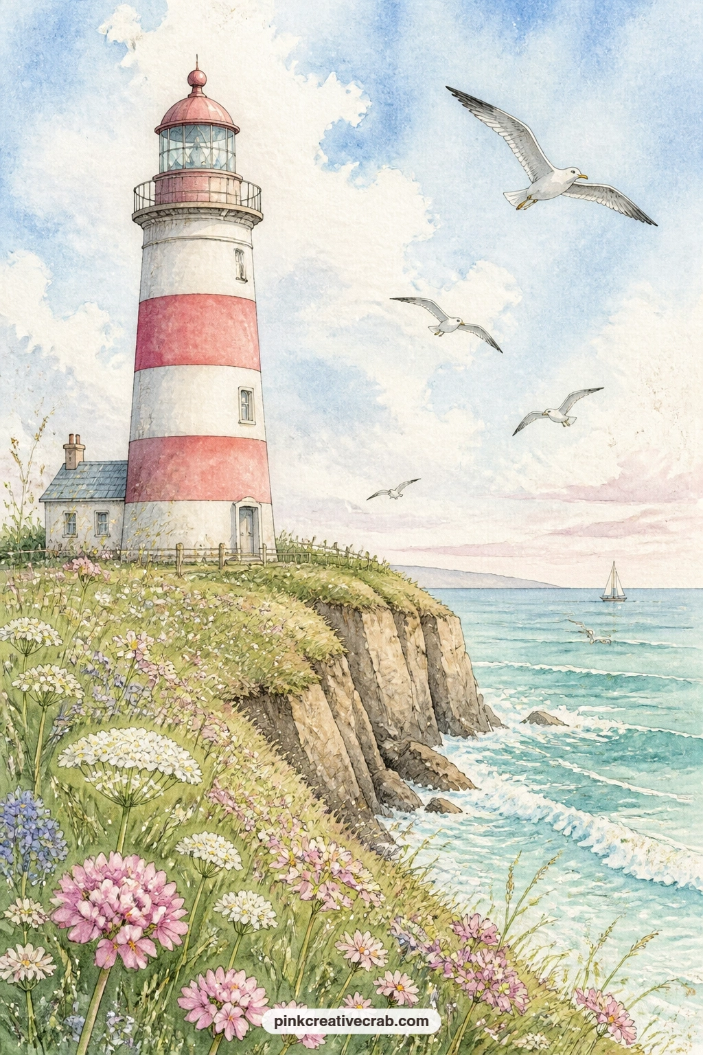 Cliff Lighthouse With Wildflowers printable page — The usual mistake with a cliff scene like this is making the flowers so large they outshine the lighthouse