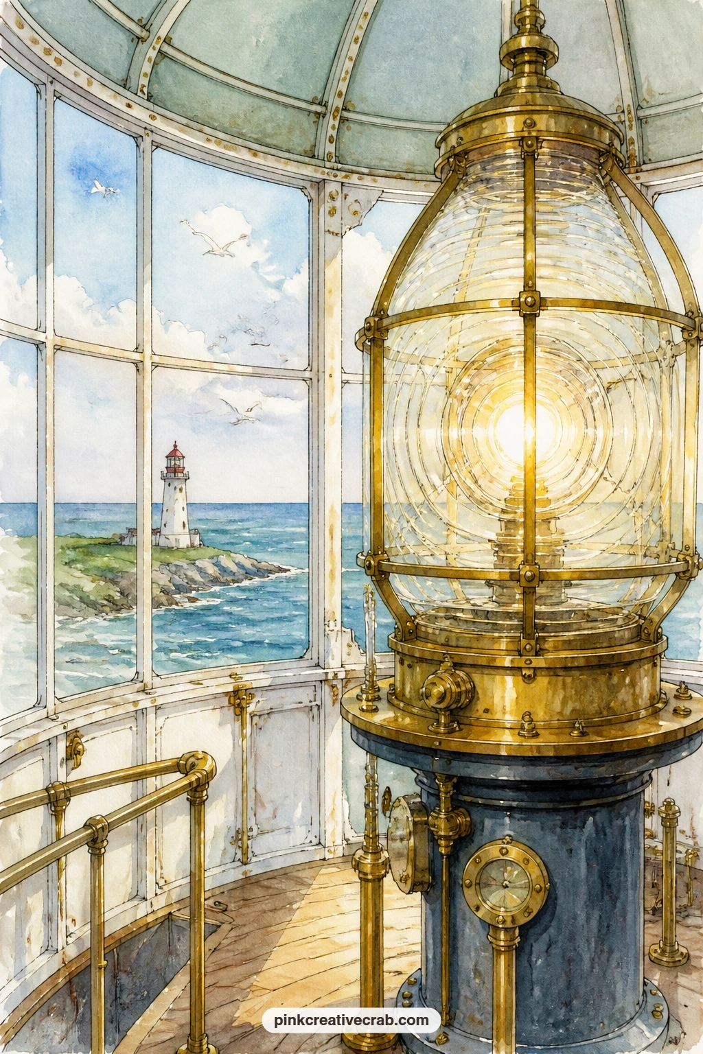 Lamp Room With Brass Fittings printable page — Glue a small paper key or a torn ticket stub near the brass fittings, as if you once climbed up to see the lamp