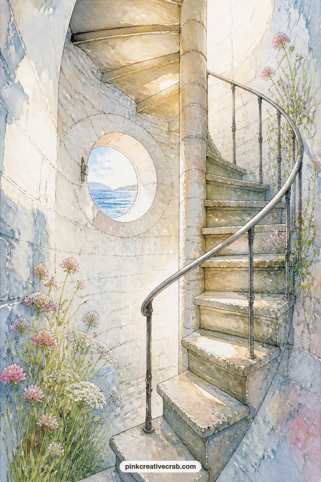 Spiral Staircase and Round Window printable page — A tight spiral staircase climbs past a small round window on this page, with a patch of sea visible through