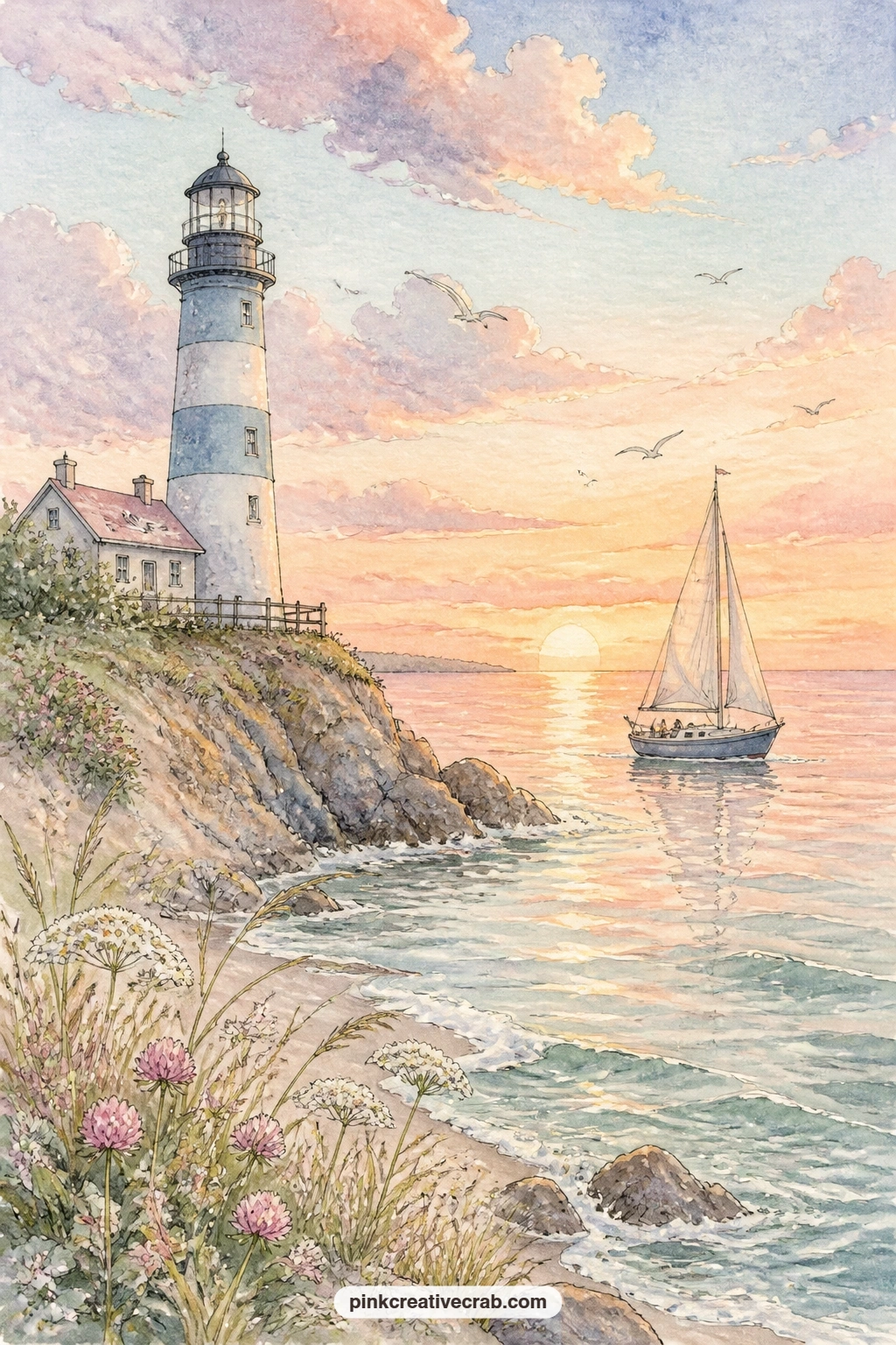 Pastel Dusk With Sailboat printable page — A lighthouse glows against a pastel evening sky while a small sailboat drifts past on calm water below. Lighthouse