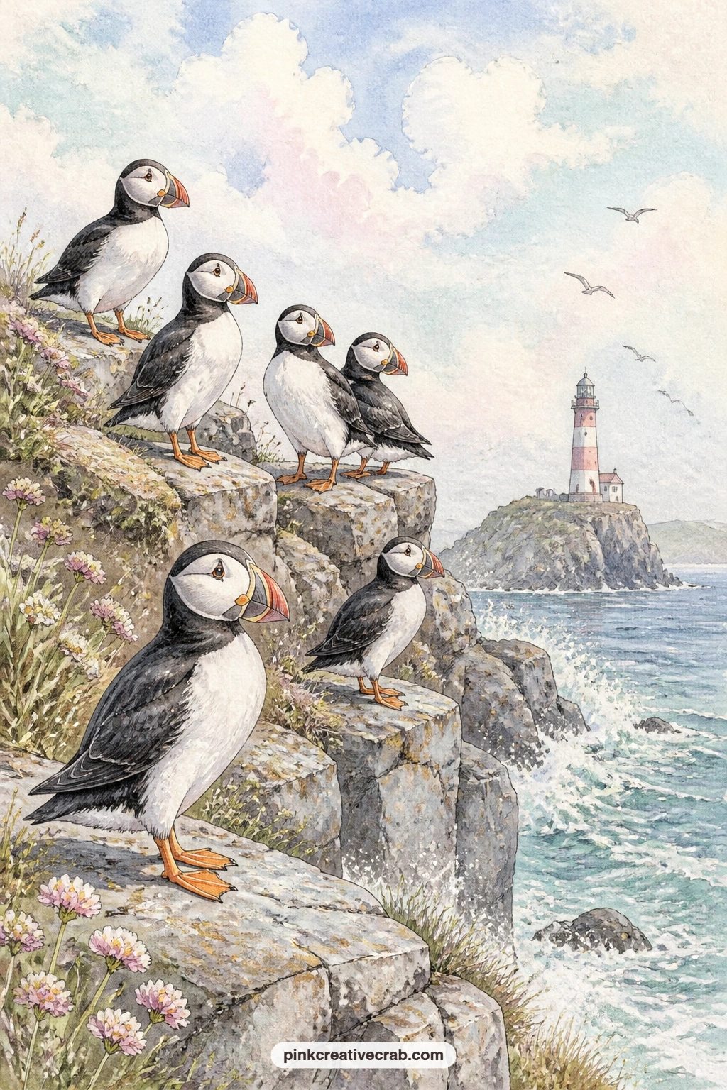 Puffins on the Cliff Rocks printable page — This page suits a reader who loves birds more than buildings, so give it to anyone in a gift journal who always