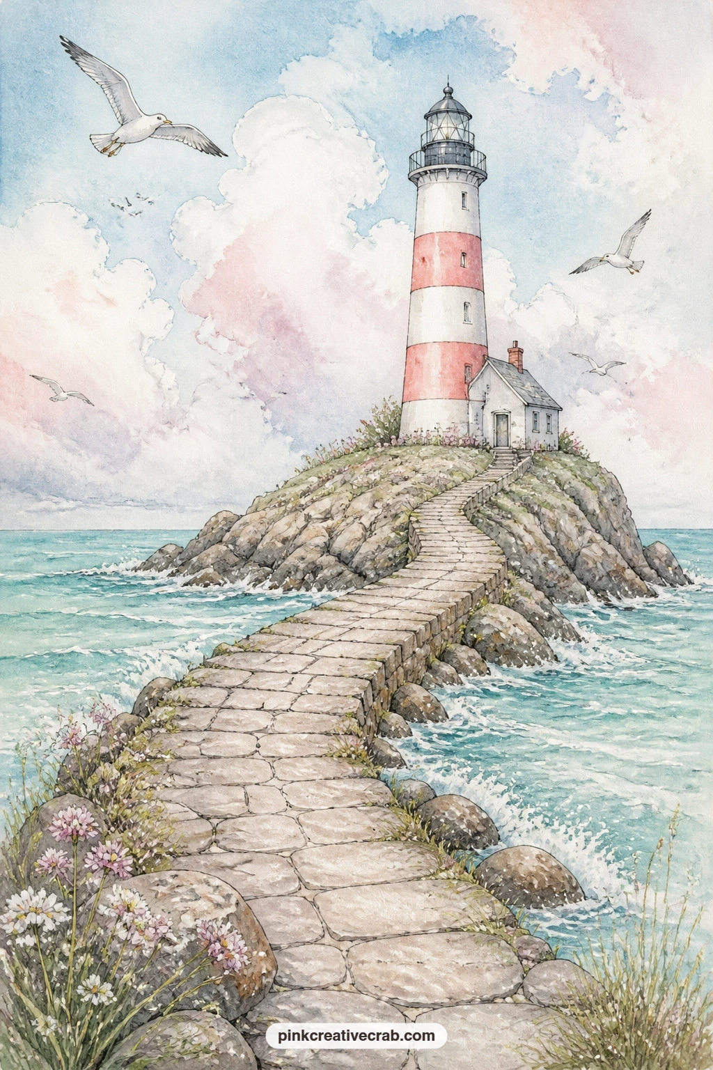 Island Lighthouse and Causeway printable page — A stone causeway stretches across shallow water to reach a lighthouse standing alone on its own small island