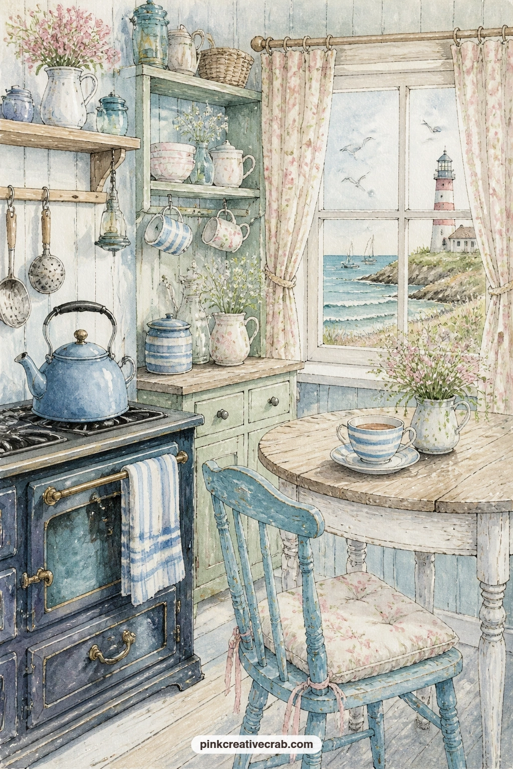 Keeper's Kitchen and Sea View printable page — Write a short recipe card and tuck it beside the teacup on this page, something simple like a biscuit or a pot