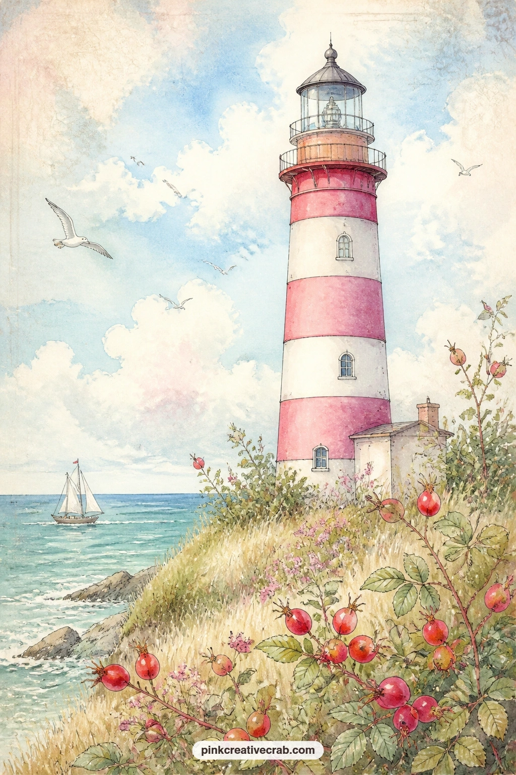 Striped Lighthouse Among Rose Hips printable page — Rose hip bushes climb the bluff around a striped lighthouse here, their small red berries bright against