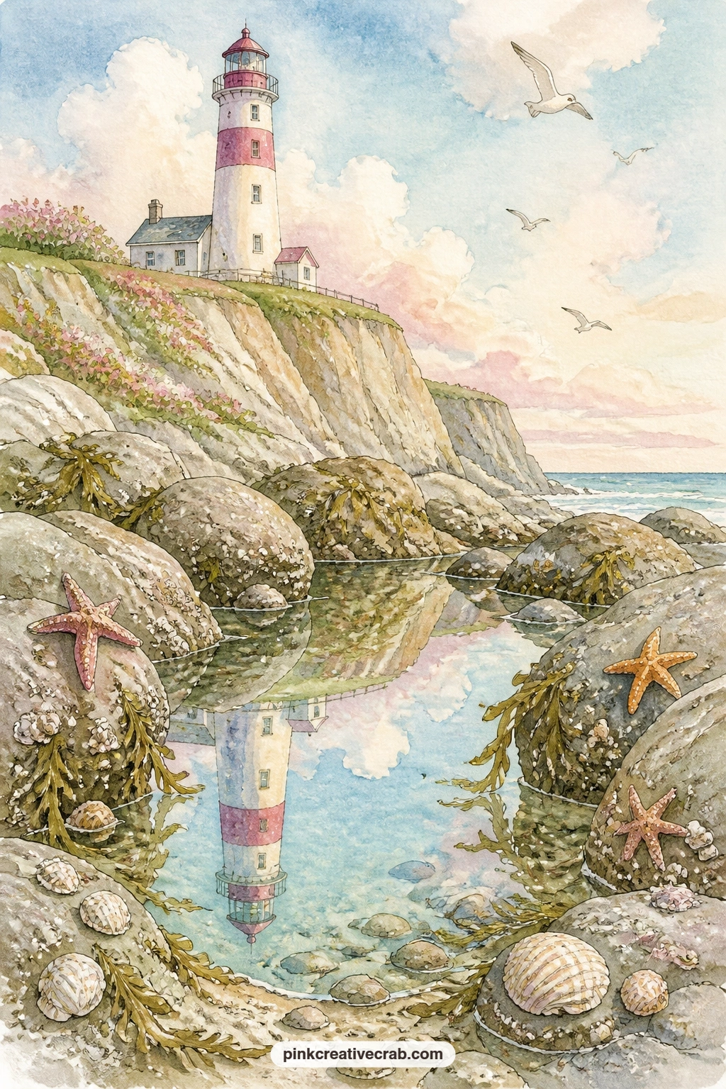Lighthouse Reflected in Tide Pool printable page — A calm tide pool holds a clear reflection of the lighthouse above it, with a few starfish resting on the