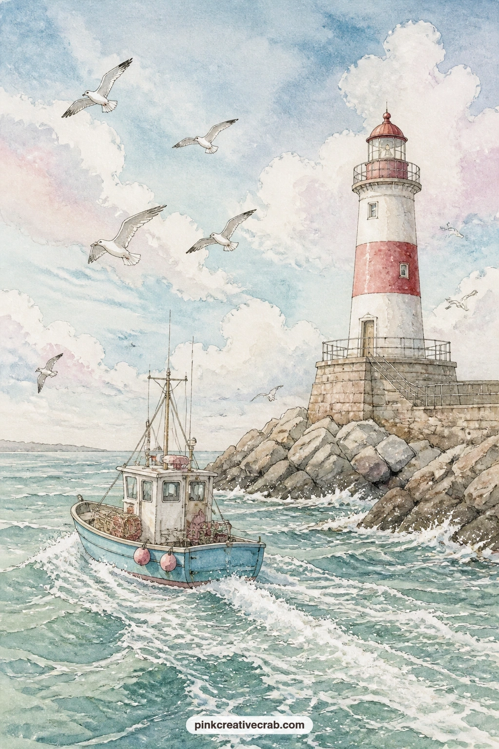 Fishing Boat Passing the Breakwater printable page — A small fishing boat chugs past a lighthouse standing at the end of a stone breakwater, trailing a thin