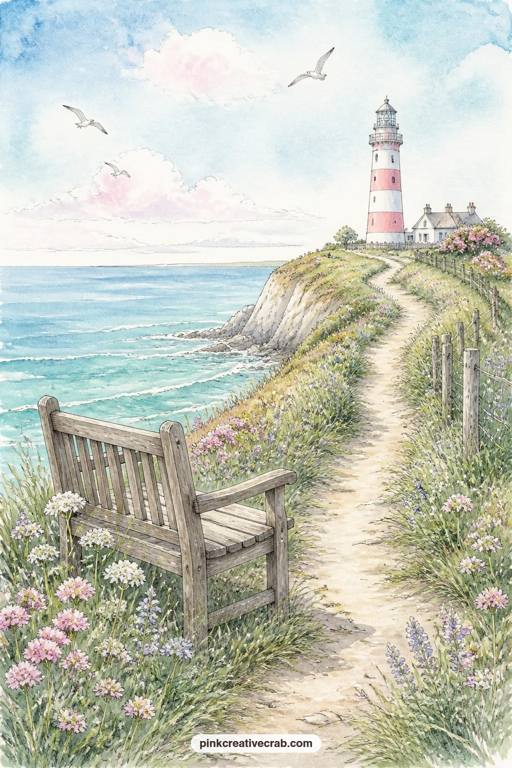 Bench on the Cliff Path printable page — Pair this page with the rocky coast and lighthouse background paper later in the set, using a strip of it as a path