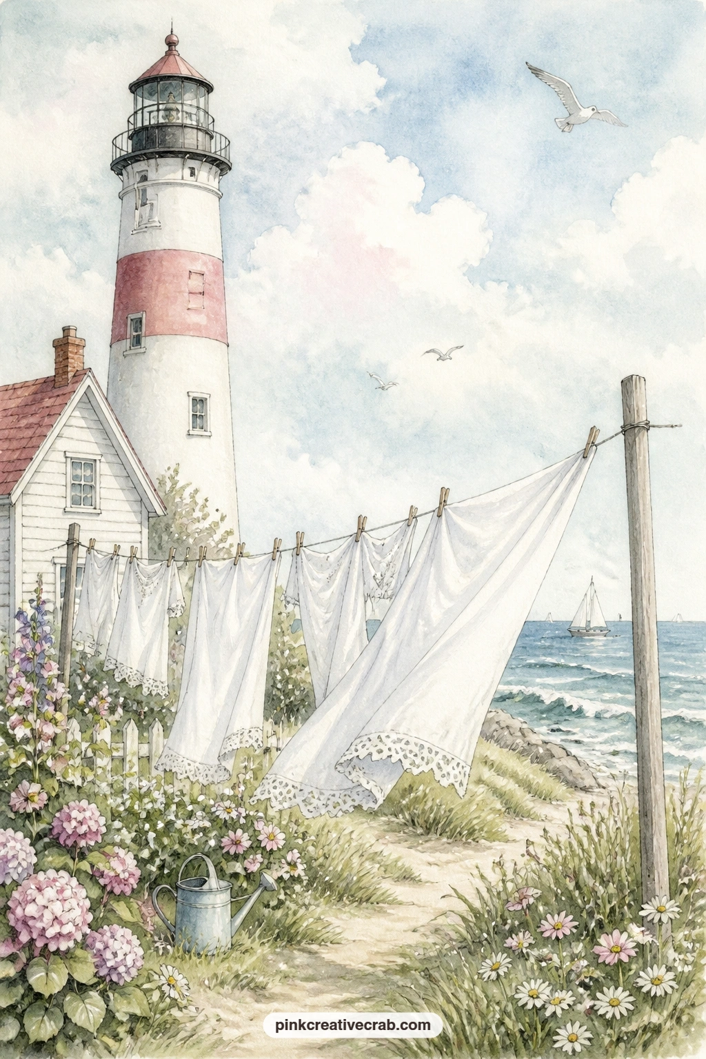 Clothesline of White Linens printable page — White linens hang on a clothesline beside a lighthouse, swaying gently in a sea breeze under a bright coastal sky.