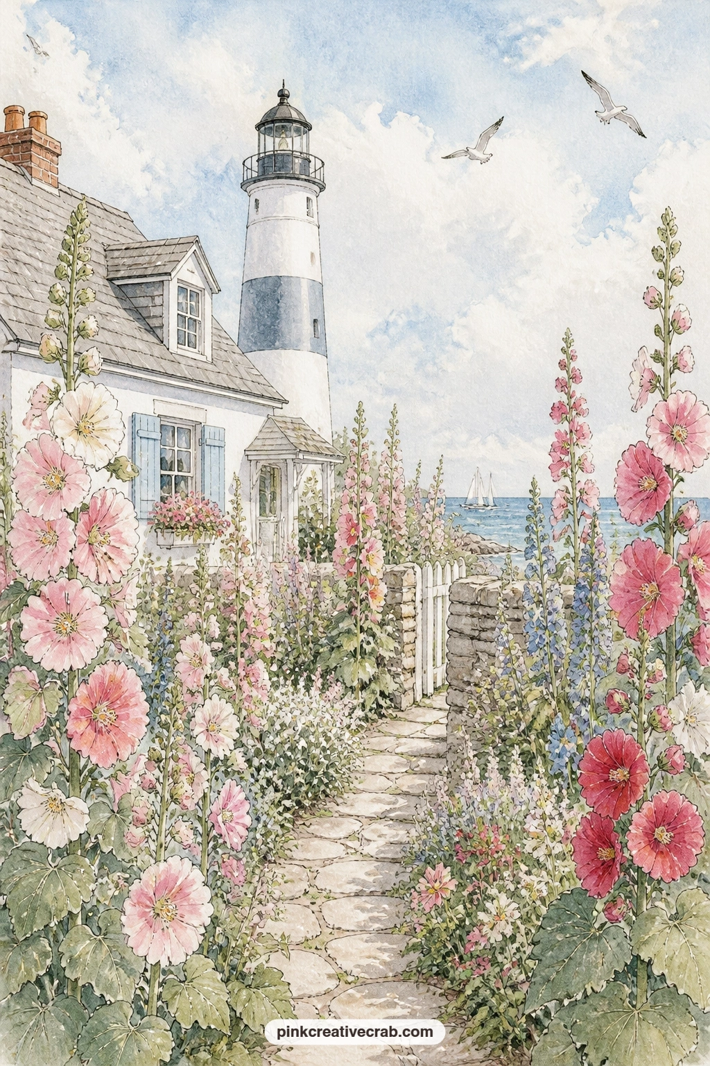 Cottage Garden of Hollyhocks printable page — Tall hollyhocks grow thick and bright beside a cottage and its neighbouring lighthouse, filling the garden with