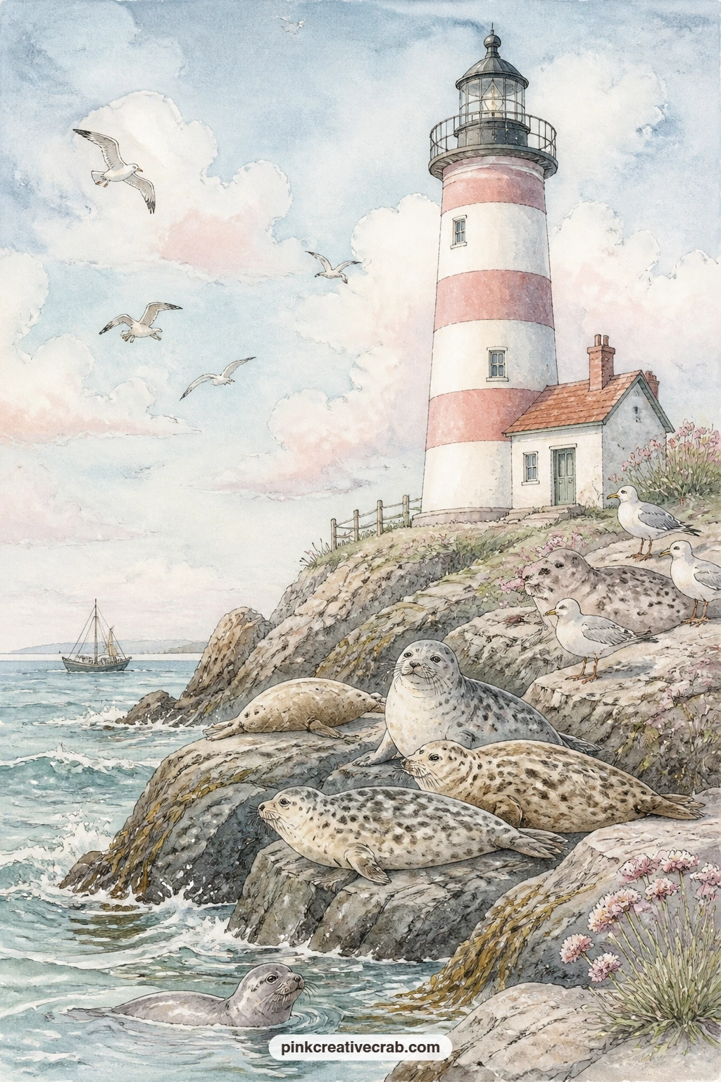 Seals Resting Below the Lighthouse printable page — Seals lie draped across the rocks at the base of a tall lighthouse, soaking in the sun while the tide stays