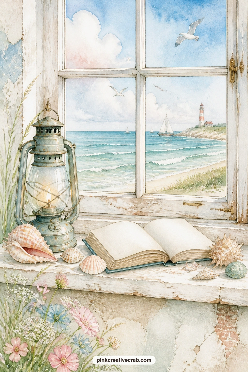 Window Ledge With Shells and Lantern printable page — A small lantern, a stack of shells and an open book sit together on a lighthouse window ledge, with the