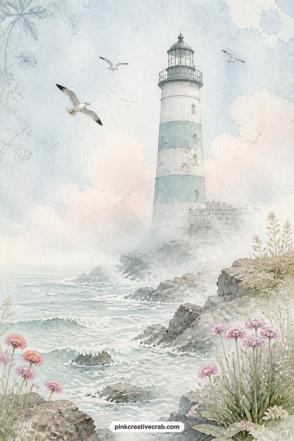 Lighthouse in Morning Sea Mist printable page — Soft morning mist settles around a lighthouse while gulls drift overhead, the tower's beam just visible through